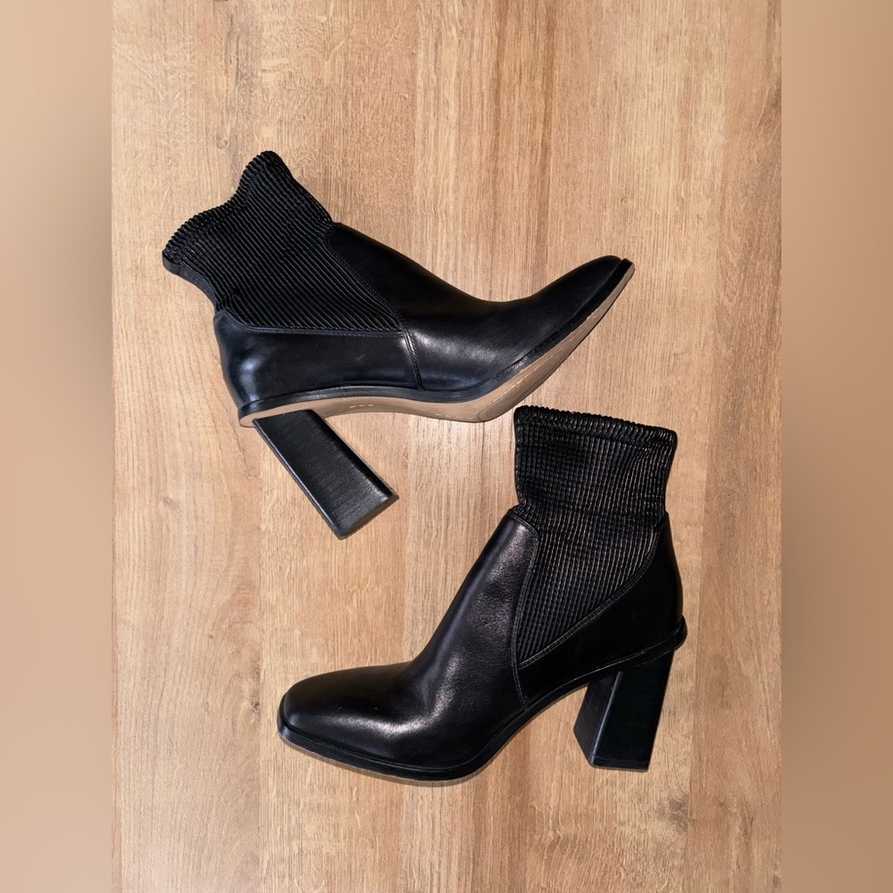 Vince Camuto block heeled square toe leather booties